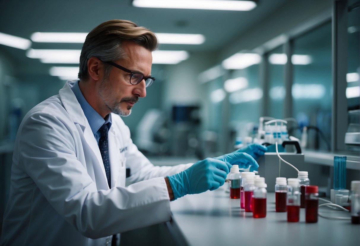 A doctor carefully collects and stores a vial of cord blood in a secure facility