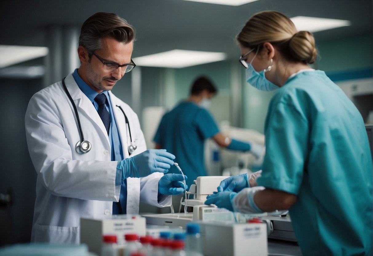 A doctor carefully collects and stores cord blood for donation and banking, preparing for a potential life-saving transplant