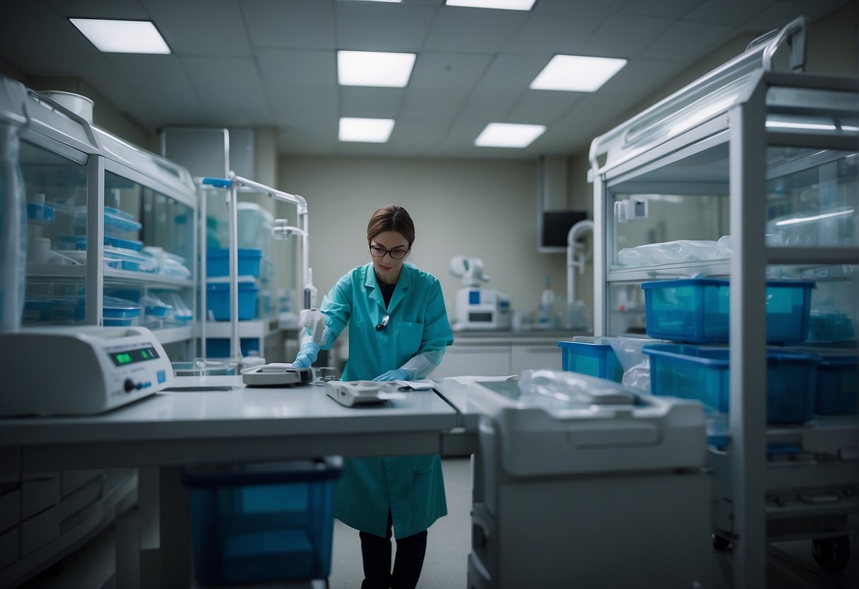 A doctor collects cord blood in a sterile room. Equipment for processing and storage is visible