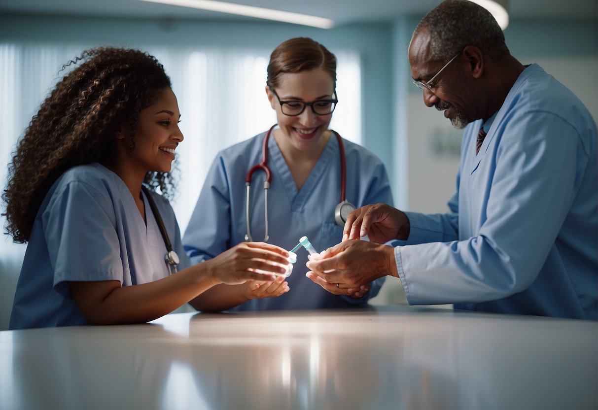 A family hands over a vial of cord blood to a medical professional in a hospital setting