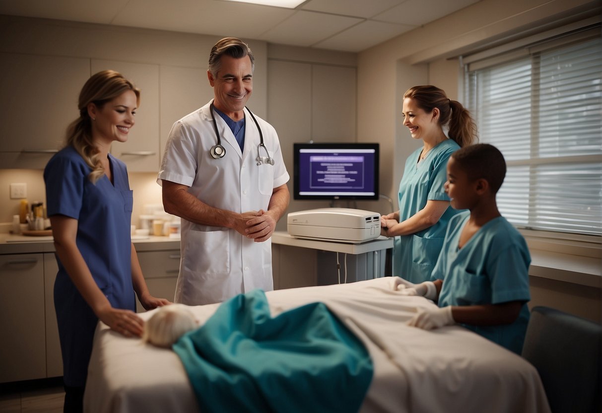 A family stands together, smiling, as a medical professional collects cord blood for donation. A warm, inviting atmosphere surrounds the scene